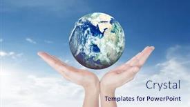  Presentation with hand holding earth - Presentation design enhanced with globe-earth-in-human-hand background and a sky blue colored foreground