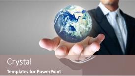  Presentation with hand holding earth - Beautiful presentation design featuring globe-earth-in-human-hand backdrop and a coral colored foreground