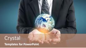  Presentation with hand holding earth - PPT theme consisting of globe-earth-in-human-hand background and a coral colored foreground