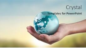  Presentation with hand holding earth - Audience pleasing theme consisting of globe-earth-in-human-hand backdrop and a light blue colored foreground