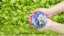  Presentation with hand holding earth - Presentation having globe-earth-in-human-hand background and a gold colored foreground