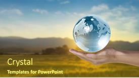  Presentation with earth planet globe - Audience pleasing presentation design consisting of globe-earth-in-human-hand backdrop and a tawny brown colored foreground