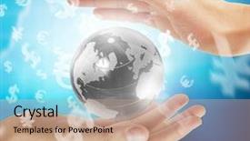  Presentation with hand holding earth - Audience pleasing PPT theme consisting of globe earth in human hand backdrop and a coral colored foreground