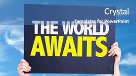  Presentation with id card - Presentation design featuring globe free - worlds awaits card with sky background and a ocean colored foreground