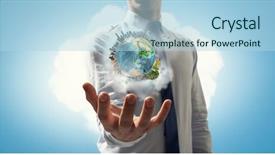  Presentation with world in our hands - Amazing presentation theme having globe green 3d - whole world in his hands backdrop and a light blue colored foreground