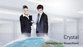  Presentation with earth - Beautiful slides featuring globe images - young businesswoman and businessman looking backdrop and a  colored foreground