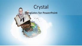  Presentation with finger - Slides enhanced with globe mind - cute schoolboy in red glasses background and a light blue colored foreground