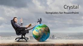  Presentation with book - Theme having globe mind - young businessman sitting in chair background and a light gray colored foreground