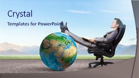  Presentation with book - Slide set consisting of globe mind - young businessman sitting in chair background and a light blue colored foreground