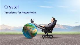  Presentation with book - PPT theme featuring globe mind - young businessman sitting in chair background and a  colored foreground