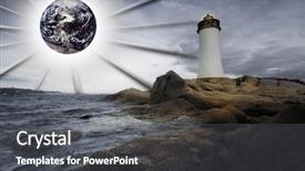 Presentation with nighttime - Colorful theme enhanced with globe ocean beach blue - lighthouse at nighttime sea backdrop and a  colored foreground