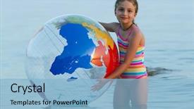  Presentation with game - Presentation theme featuring globe ocean beach blue - summer game young girl playing background and a  colored foreground
