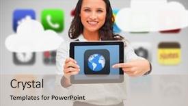  Presentation with woman world - Cool new presentation theme with globe orange - woman holding a digital tablet backdrop and a soft green colored foreground