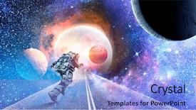  Presentation with spaceman - Slide deck having globe road - running spaceman and galaxy mixed background and a  colored foreground
