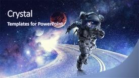  Presentation with spaceman - Cool new presentation theme with globe road - running spaceman and galaxy mixed backdrop and a navy blue colored foreground