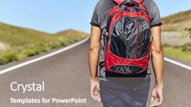  Presentation with backpack - Theme enhanced with globetrotters - closeup of a young caucasian background and a gray colored foreground