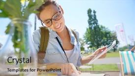  Presentation with reading table - Colorful slide set enhanced with globetrotters - globetrotter reading city map backdrop and a coral colored foreground