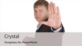  Presentation with gloomy - Cool new PPT theme with gloomy man in suit making stop isolated over white backdrop and a light gray colored foreground