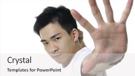  Presentation with gloomy - Presentation enhanced with gloomy man in suit making stop background and a light gray colored foreground