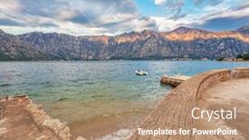  Presentation with gloomy - Presentation design featuring gloomy sea sunset on mountains background background and a coral colored foreground