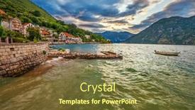  Presentation with gloomy - Slide set enhanced with gloomy sea sunset on mountains background background and a tawny brown colored foreground