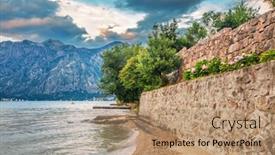  Presentation with gloomy - Colorful presentation theme enhanced with gloomy sea sunset on mountains background backdrop and a coral colored foreground