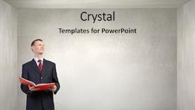  Presentation with book - PPT theme featuring glossary - young businessman with red book background and a light gray colored foreground