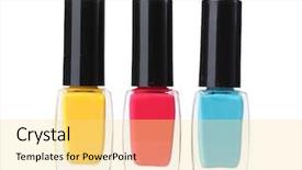  Presentation with bright white - Beautiful PPT theme featuring glossy black - group of bright nail polishes backdrop and a blonde colored foreground