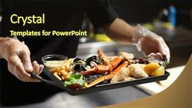  Presentation with seafood - Theme featuring glove hands - chef with delicious seafood platter background and a wine colored foreground