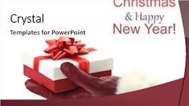  Presentation with trophy award hand holding - Colorful PPT layouts enhanced with glove holding a christmas gift backdrop and a pink colored foreground