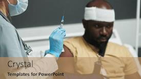  Presentation with injection preparing - PPT theme enhanced with gloved-hand-of-nurse background and a coral colored foreground