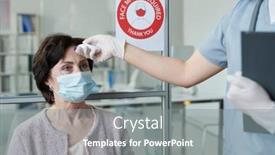  Presentation with body temperature - Audience pleasing theme consisting of gloved-hand-of-young-female backdrop and a gray colored foreground