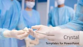  Presentation with operation room - Audience pleasing presentation theme consisting of gloved hands of assistant passing sterile steel instrument to surgeon during operation in surgery room backdrop and a lemonade colored foreground