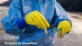  Presentation with dirty water - Beautiful PPT theme featuring gloved-hands-of-contemporary-researcher backdrop and a ocean colored foreground