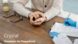  Presentation with prescriptions - PPT theme having gloved-hands-of-female-doctor background and a coral colored foreground