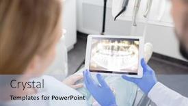  Presentation with dentist - Amazing PPT layouts having gloved-hands-of-professional-dentist backdrop and a light blue colored foreground