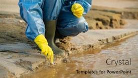  Presentation with dirty water - PPT theme with gloved-hands-of-young-female background and a coral colored foreground
