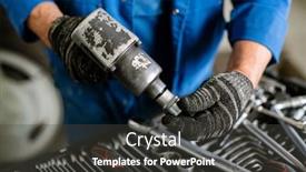  Presentation with mechanic repair - Audience pleasing presentation theme consisting of gloved mechanic or repairman in workwear putting one of nozzles on metallic drill before carrying out repair work backdrop and a dark gray colored foreground