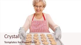  Presentation with chocolate chip cookies - Slides featuring gloves apron - mature lady handing a tray background and a lemonade colored foreground