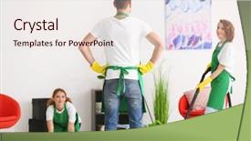  Presentation with cleaning service - Slide deck featuring gloves apron - team of young cleaning service background and a lemonade colored foreground