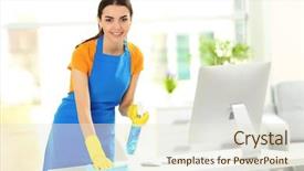  Presentation with office cleaning - Cool new PPT layouts with gloves apron - young woman cleaning workplace backdrop and a sky blue colored foreground