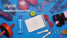  Presentation with sport blue - Audience pleasing slide deck consisting of gloves dumbbells rope sneakers wheel backdrop and a teal colored foreground