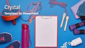  Presentation with sport blue - PPT theme featuring gloves dumbbells rope sneakers wheel background and a teal colored foreground