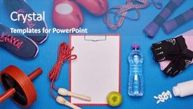  Presentation with sport blue - Cool new PPT layouts with abblue - sport accessories boxing gloves dumbbells backdrop and a teal colored foreground