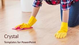  Presentation with rubber gloves - PPT theme consisting of gloves with cloth cleaning floor background and a lemonade colored foreground