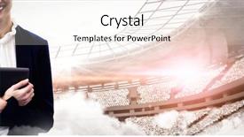  Presentation with hands holding black tablet - Slide deck having smiling businesswoman holding tablet computer background and a sky blue colored foreground