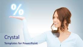  Presentation with percent - Amazing PPT theme having glowing face - beautiful woman showing percent sign backdrop and a sky blue colored foreground