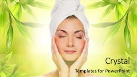  Presentation with organic cosmetics - Presentation theme consisting of glowing face - beautiful young woman applying organic background and a  colored foreground