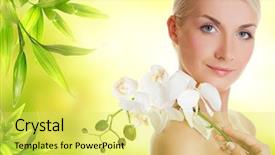  Presentation with beautiful orchid flowers - PPT theme having glowing face - beautiful young woman with white background and a yellow colored foreground