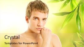  Presentation with elegant abstract of blue green - Presentation theme with glowing face - handsome man over green abstract background and a coral colored foreground